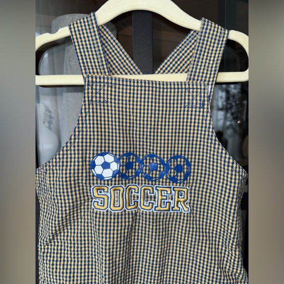 90s Vintage Soccer appliqué embroidered jon jon romper overalls baby boy toddler - Picture 2 of 5